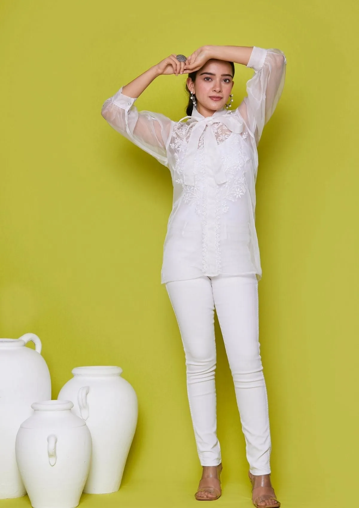 Organza Chikankari Solid Women's Shirt - White