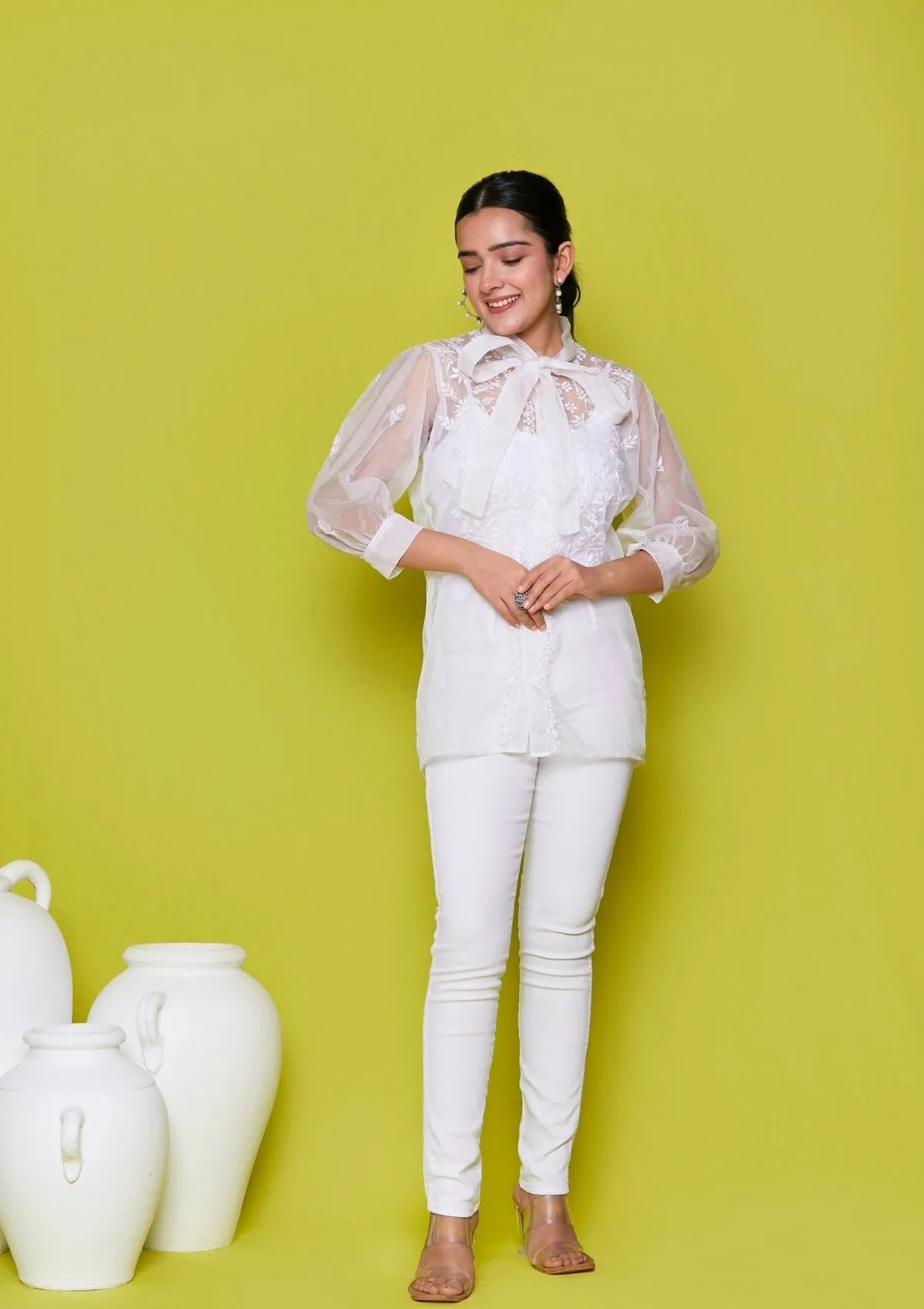 Organza Chikankari Solid Women's Shirt - White