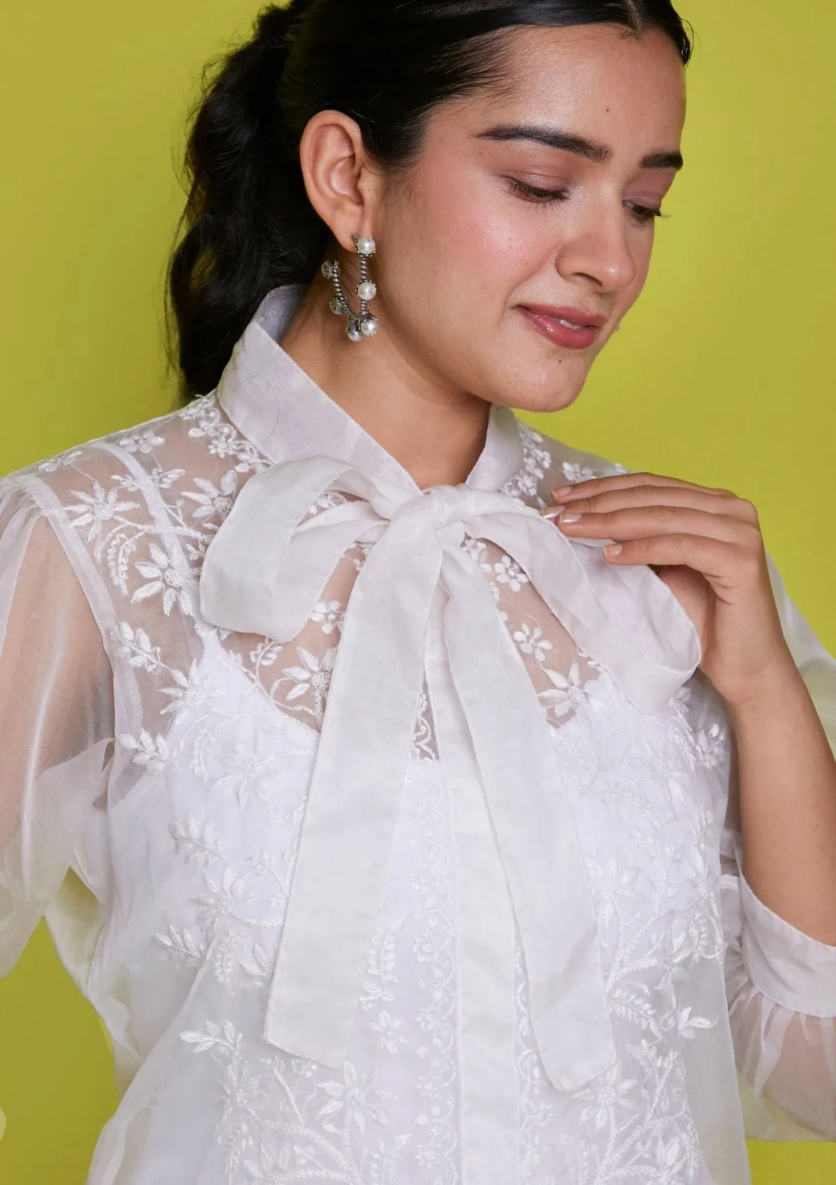 Organza Chikankari Solid Women's Shirt - White