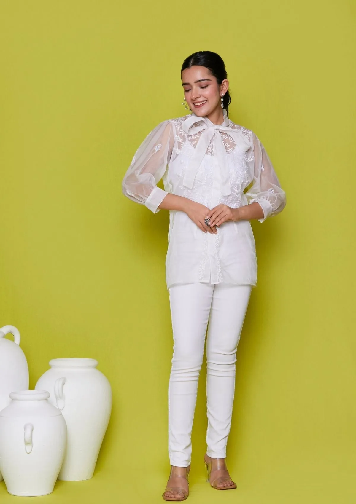 Organza Chikankari Solid Women's Shirt - White