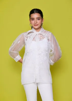 Organza Chikankari Solid Women's Shirt - White