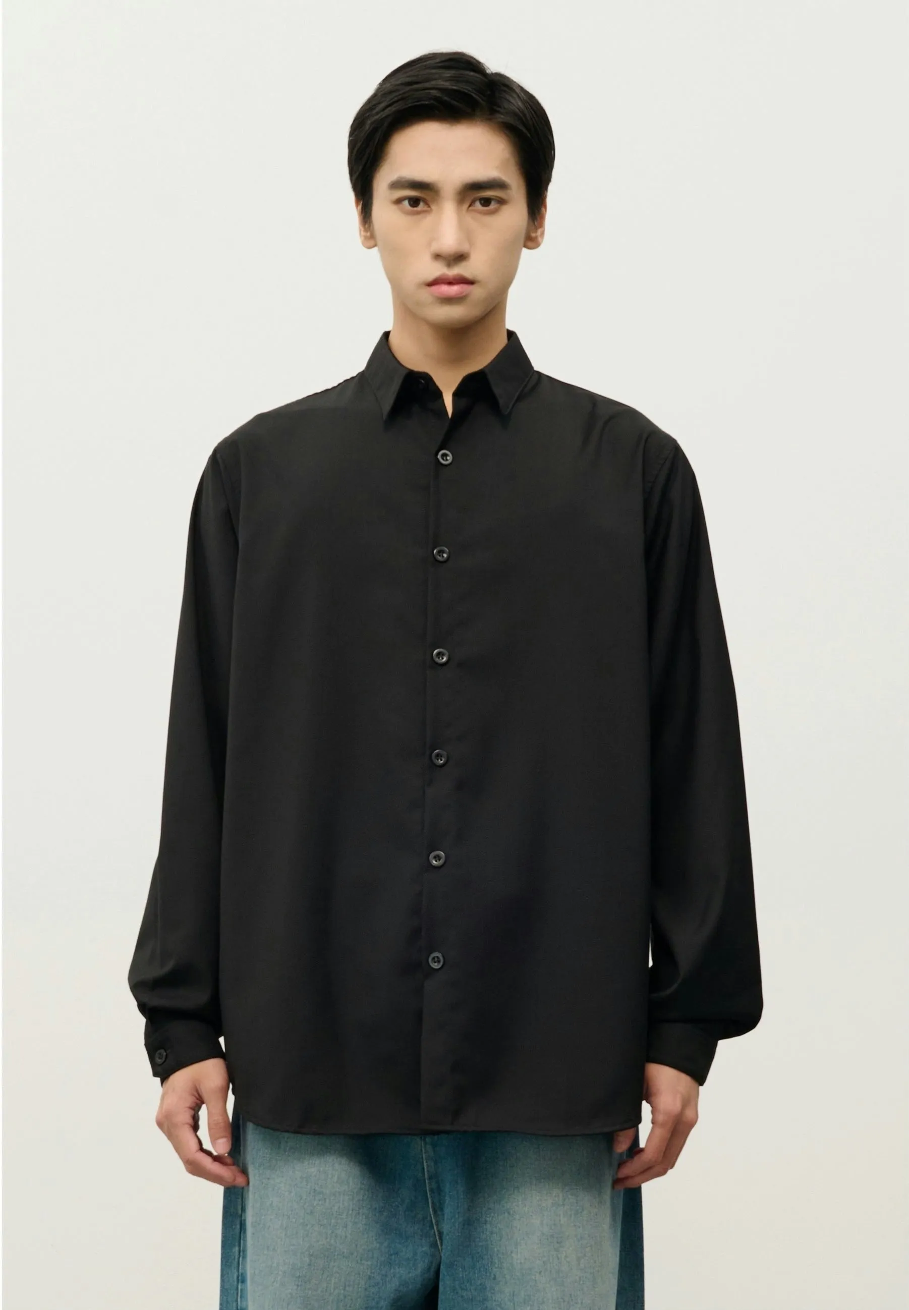 Oversized Button-Down Shirt with Stand Collar