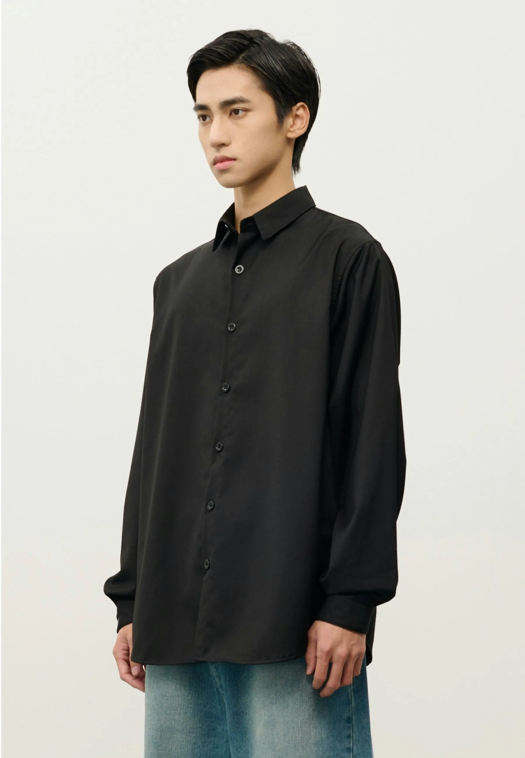 Oversized Button-Down Shirt with Stand Collar