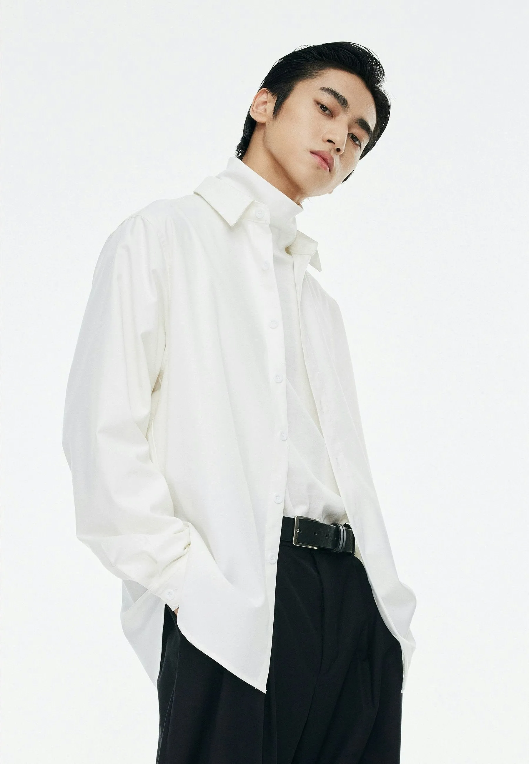 Oversized Button-Down Shirt with Stand Collar