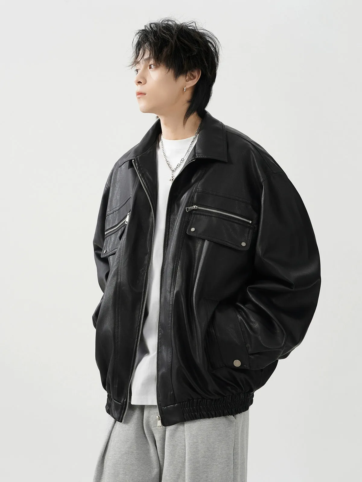 Oversized Leather Collared Bomber Jacket with Zip Pockets