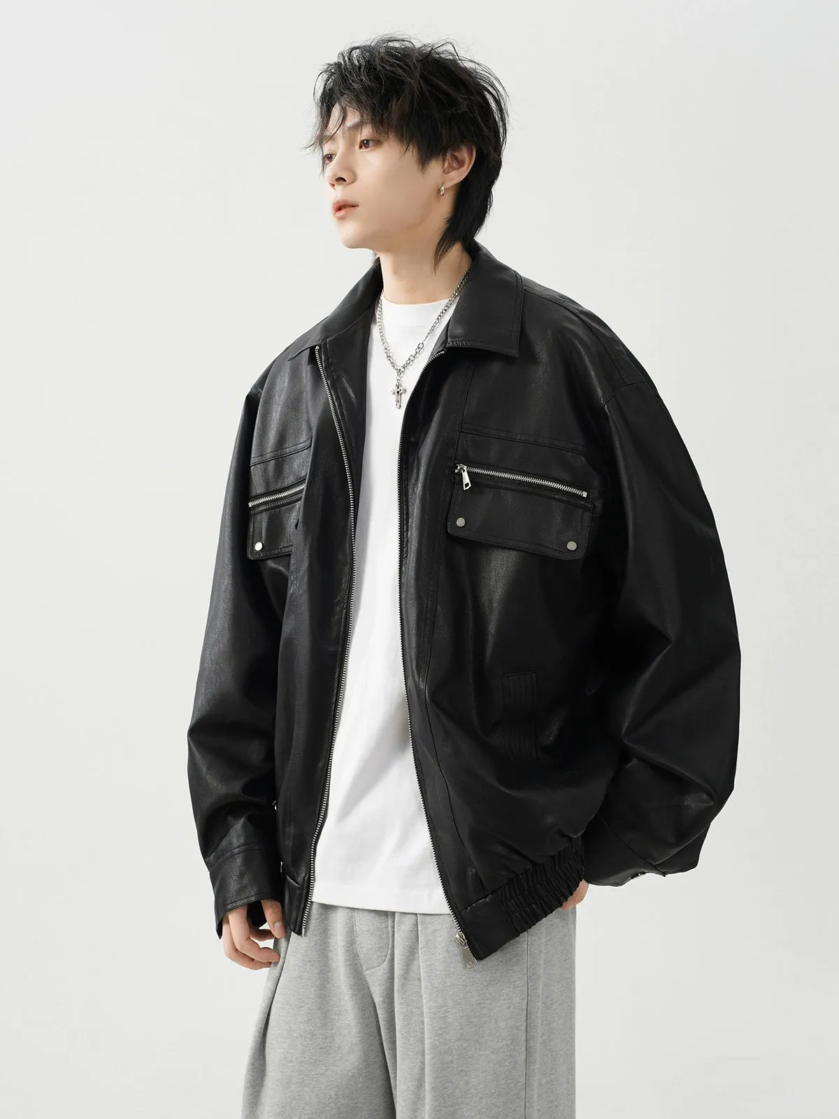 Oversized Leather Collared Bomber Jacket with Zip Pockets