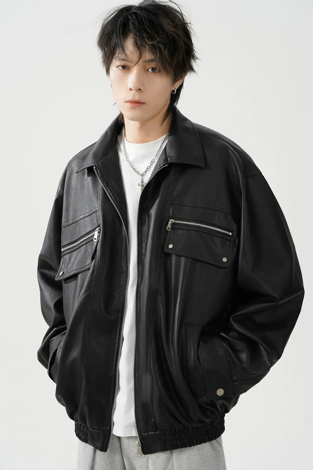 Oversized Leather Collared Bomber Jacket with Zip Pockets