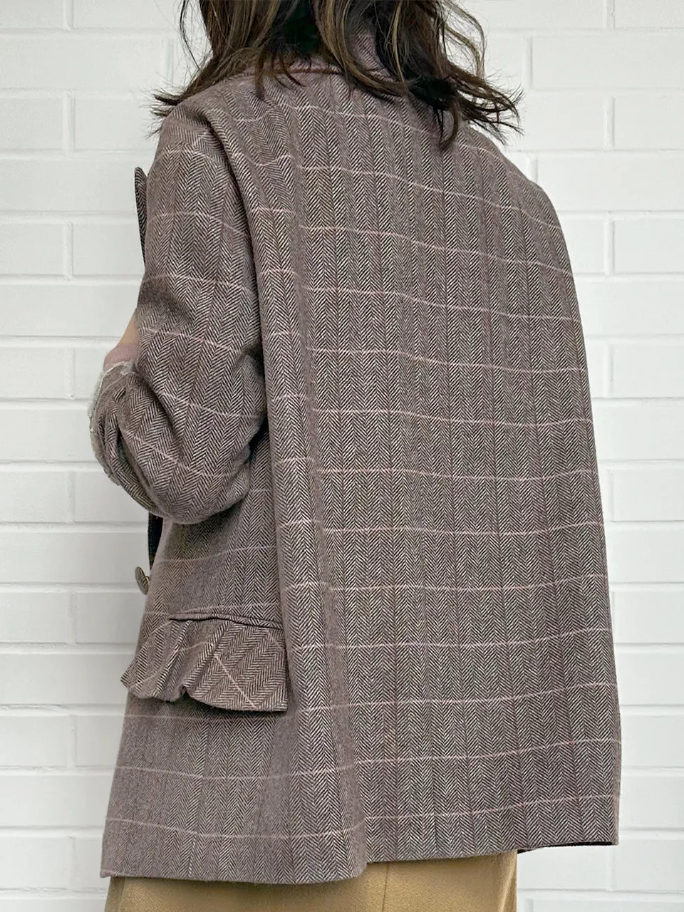 Pink Check Drop Shoulder Relaxed Fit Ruffle Trimmed Wool Blazer