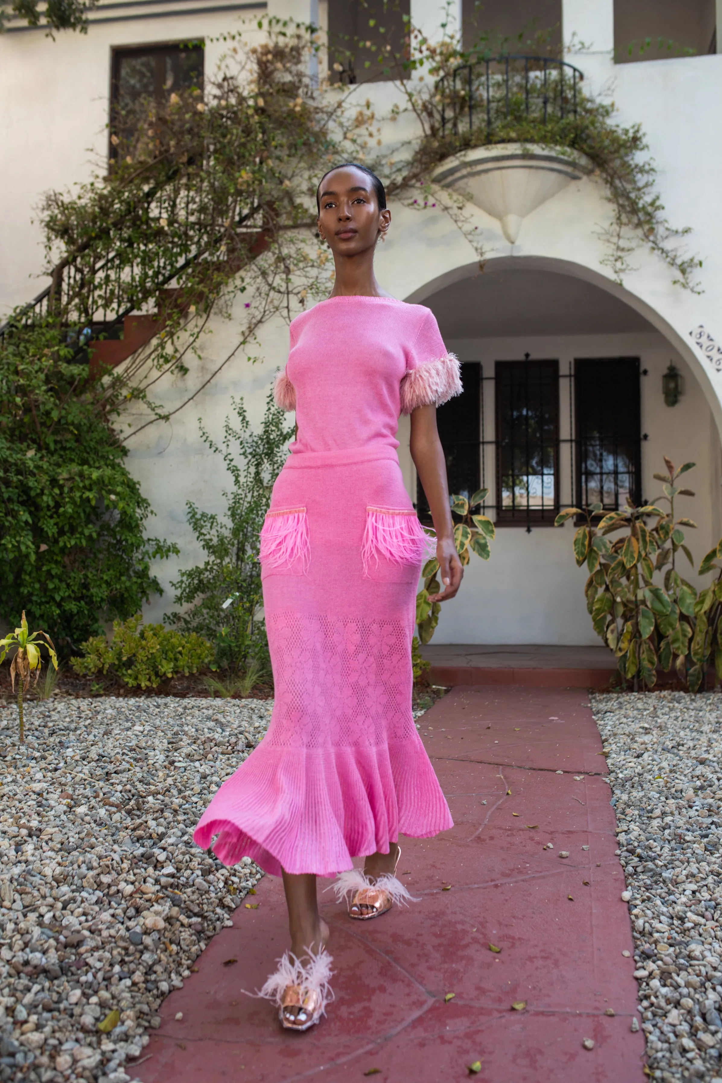 Pink knit top with handmade knit details