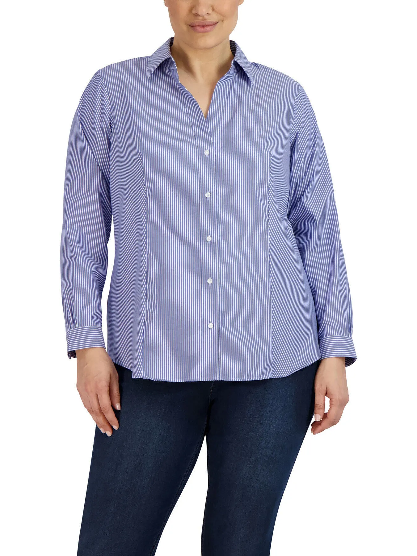 Plus Size Striped Easy-Care Button-Up Shirt