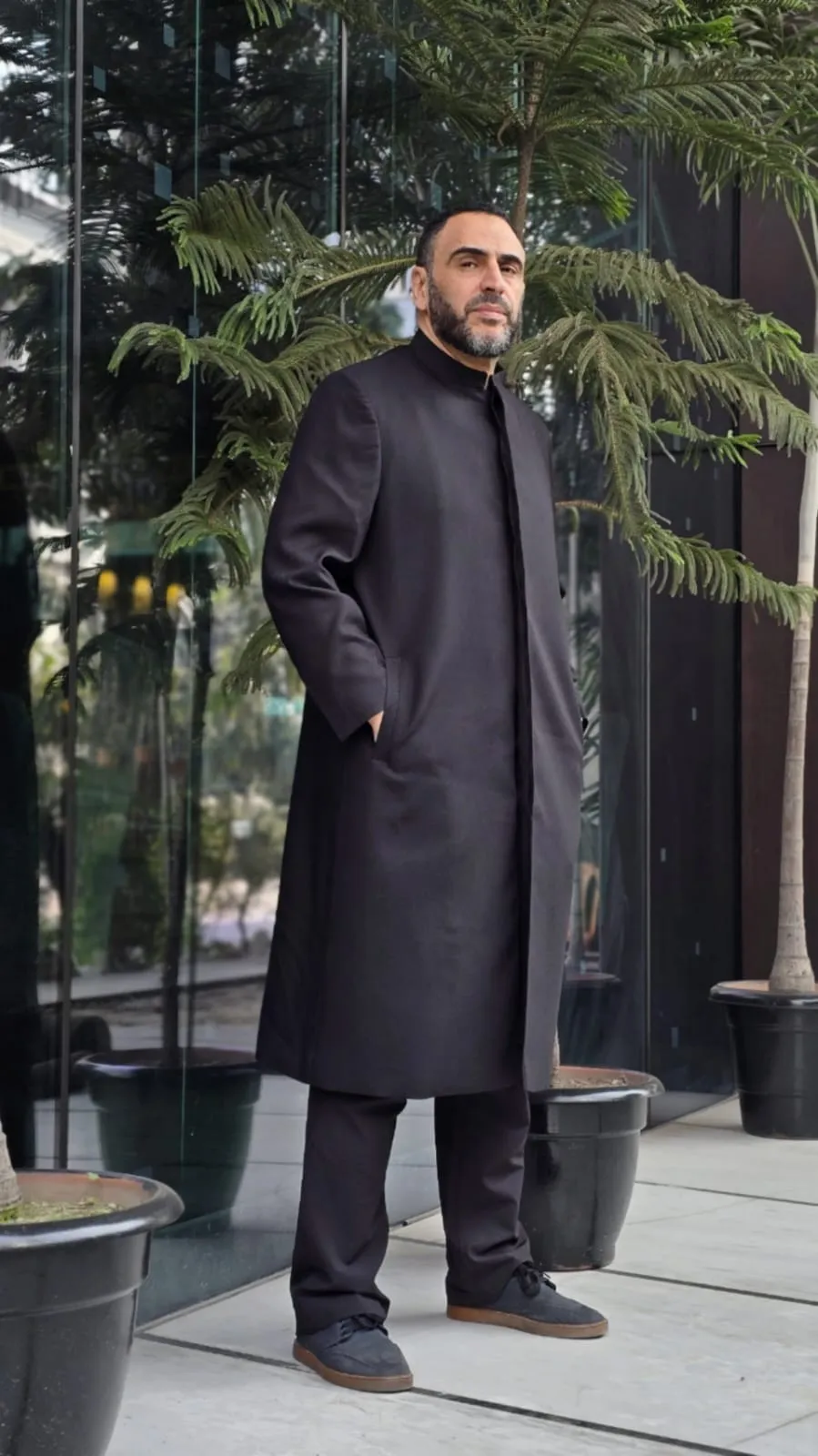 Premium Long Coat Black Button Hidden