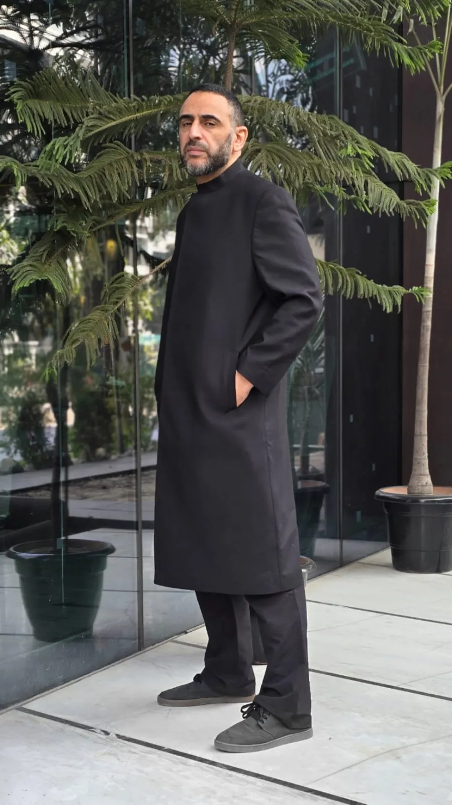 Premium Long Coat Black Button Hidden