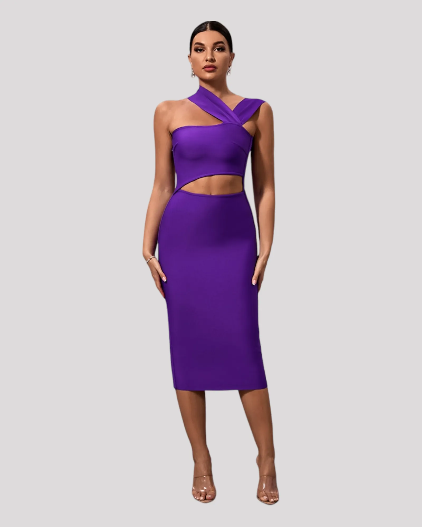 Purple Fitted Cocktail Dress with Waist Cut Out