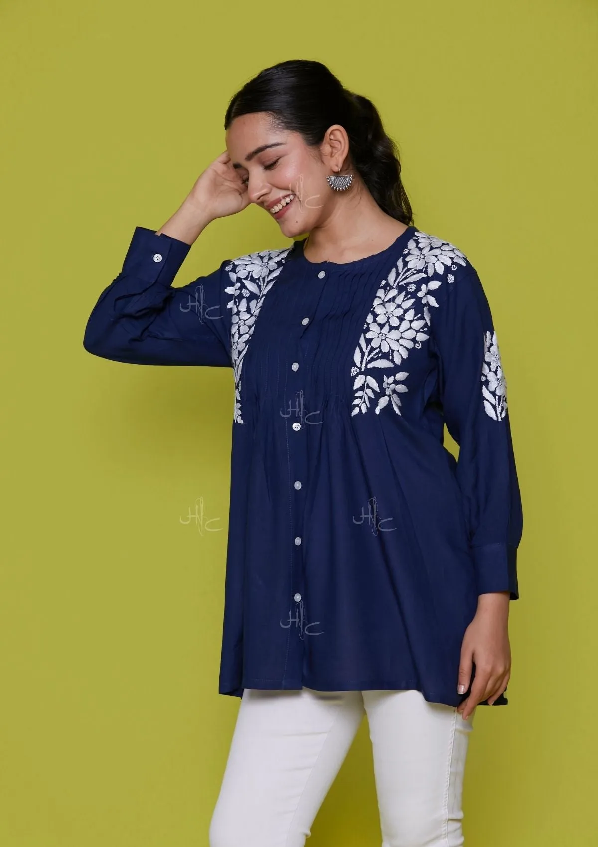 Rayon Chikankari Solid Women's Shirt - Navy Blue