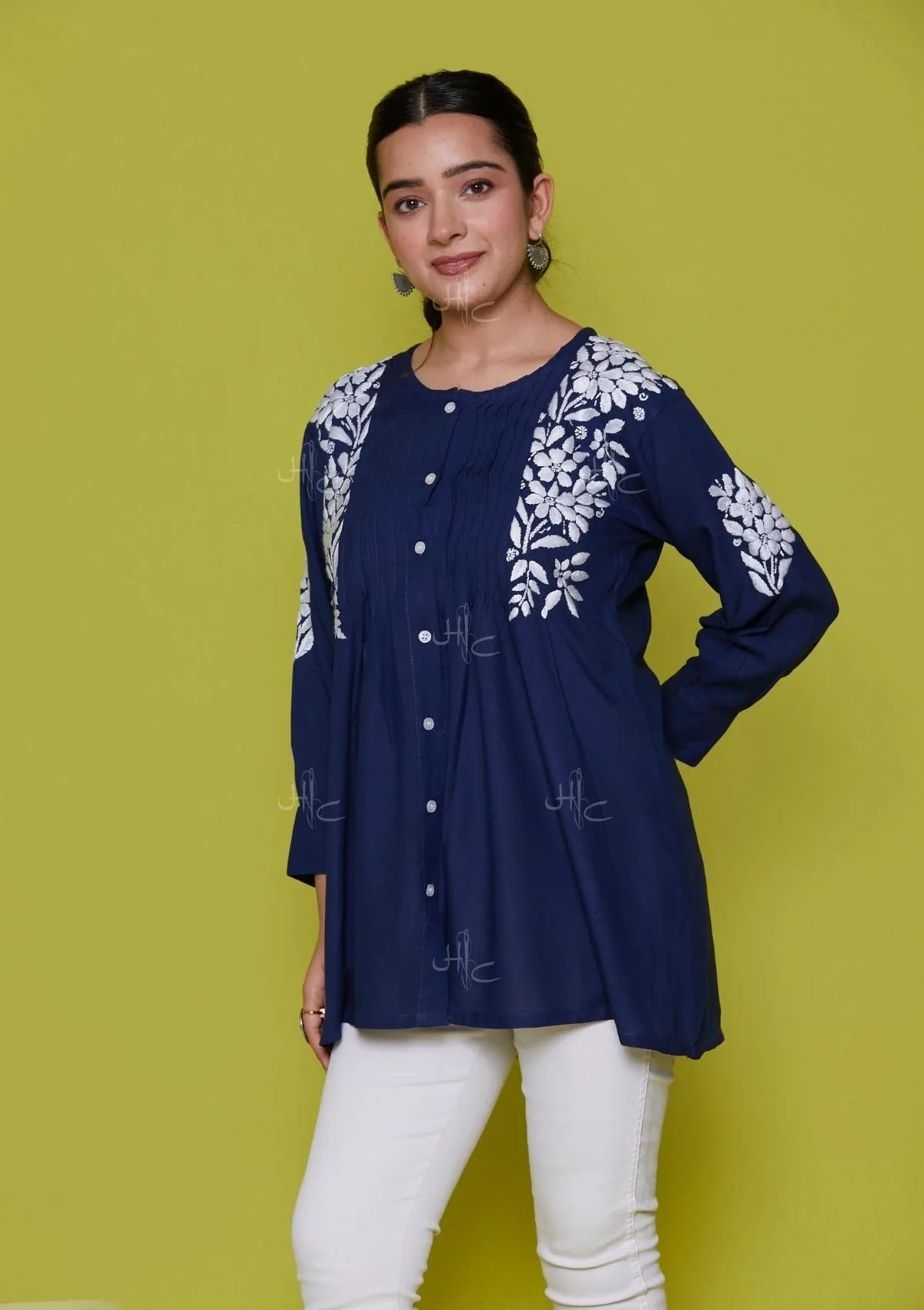 Rayon Chikankari Solid Women's Shirt - Navy Blue