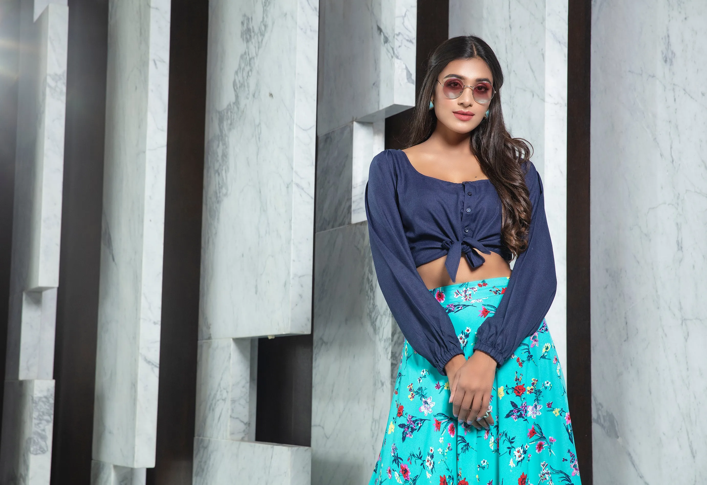 Readymade Blue Printed Crepe Indo Western Skirt With Shirt Crop-Top