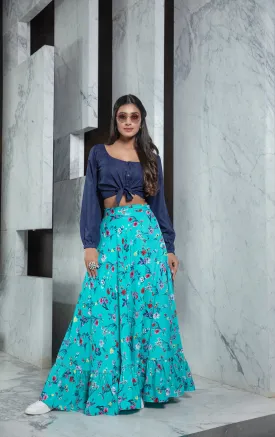 Readymade Blue Printed Crepe Indo Western Skirt With Shirt Crop-Top