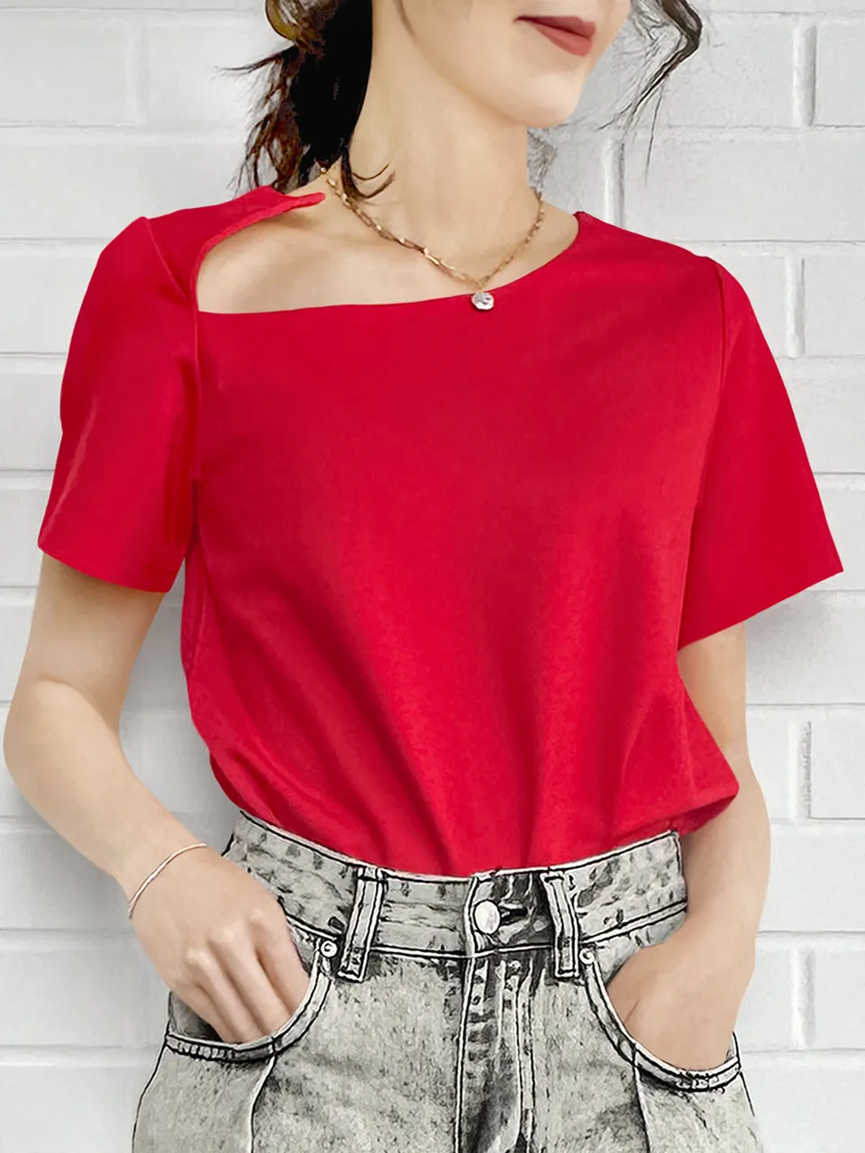 Red Cut Out Collar Structure Cotton Blend Tee