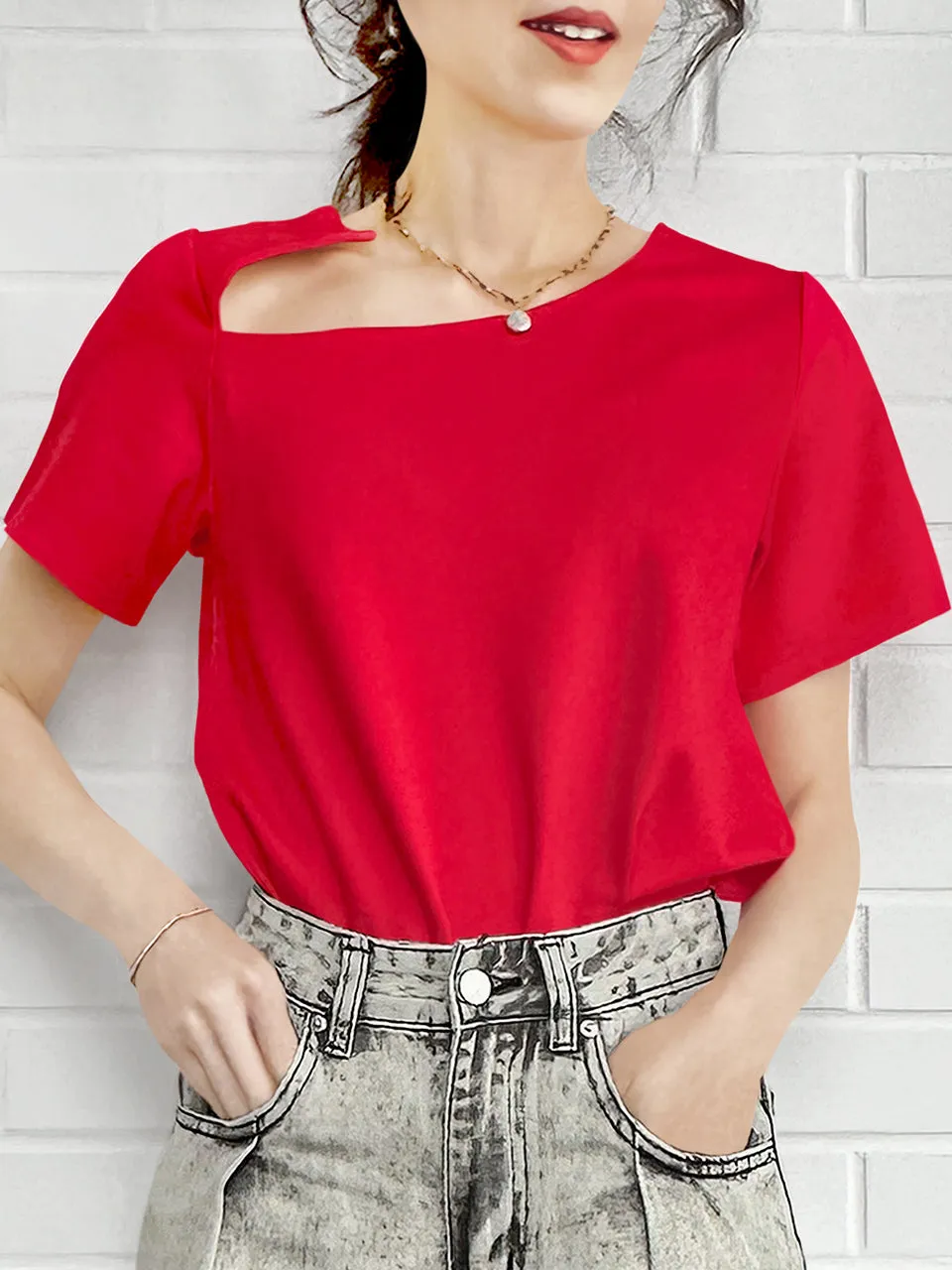 Red Cut Out Collar Structure Cotton Blend Tee