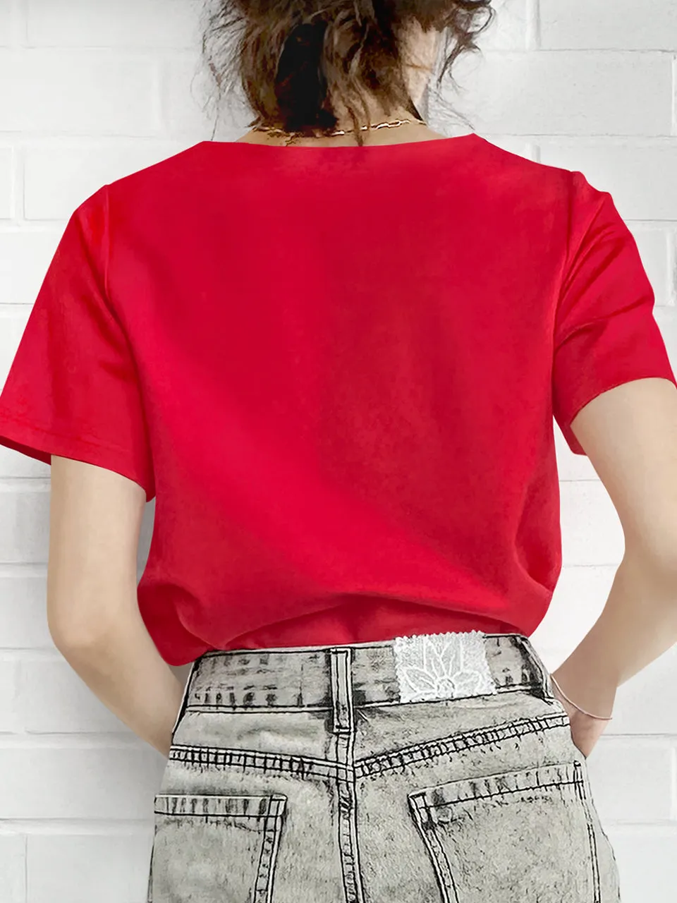 Red Cut Out Collar Structure Cotton Blend Tee