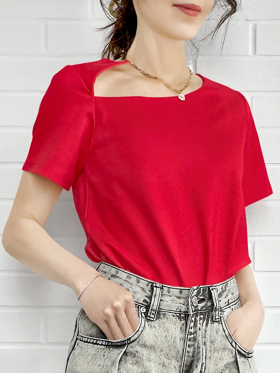 Red Cut Out Collar Structure Cotton Blend Tee