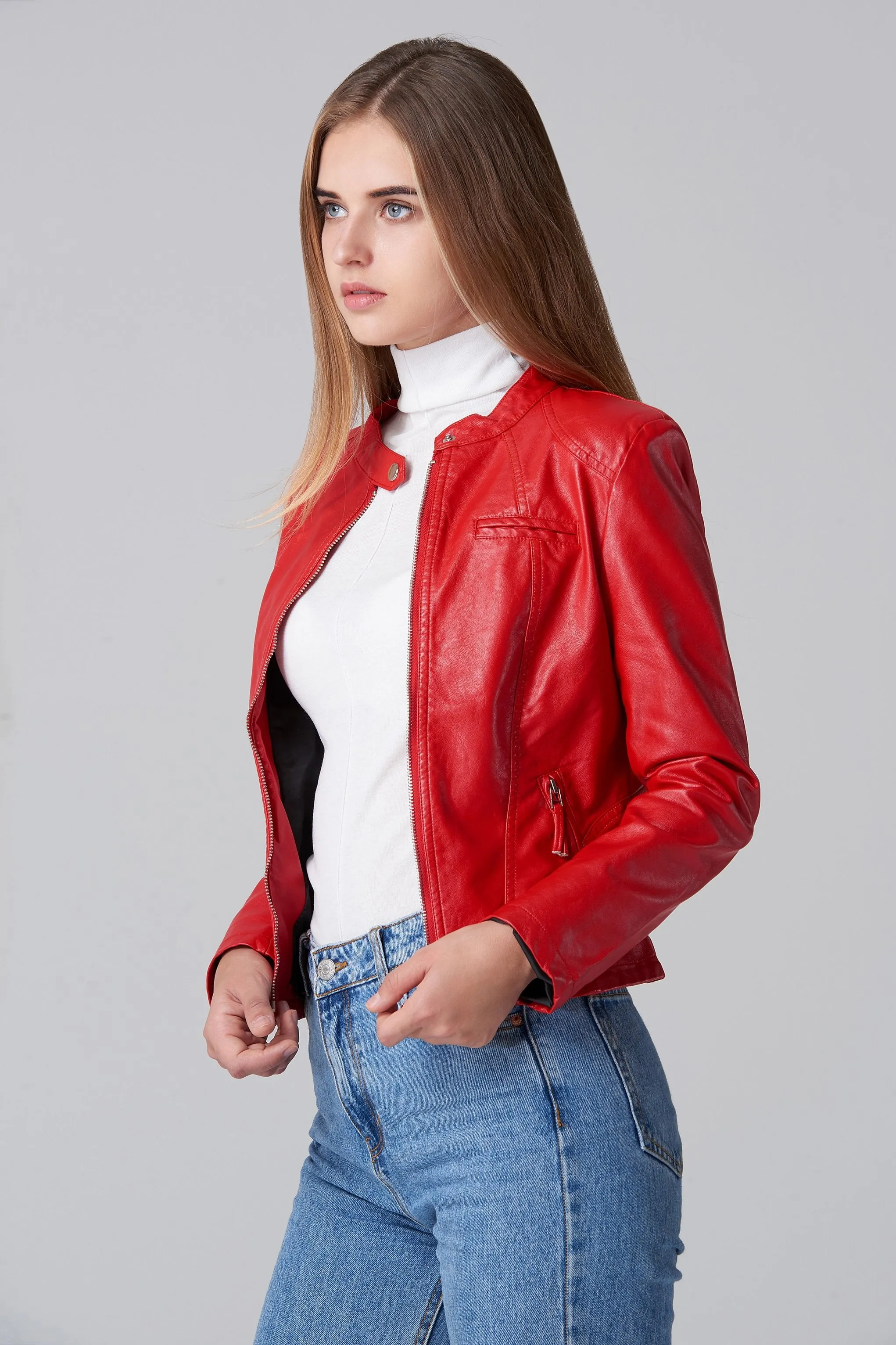 Red Faux Leather Biker Jacket