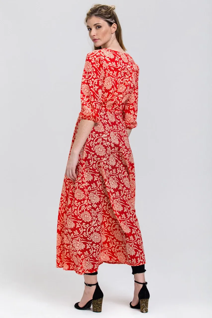 Red floral print Sheer Button down Sleeved Maxi Top