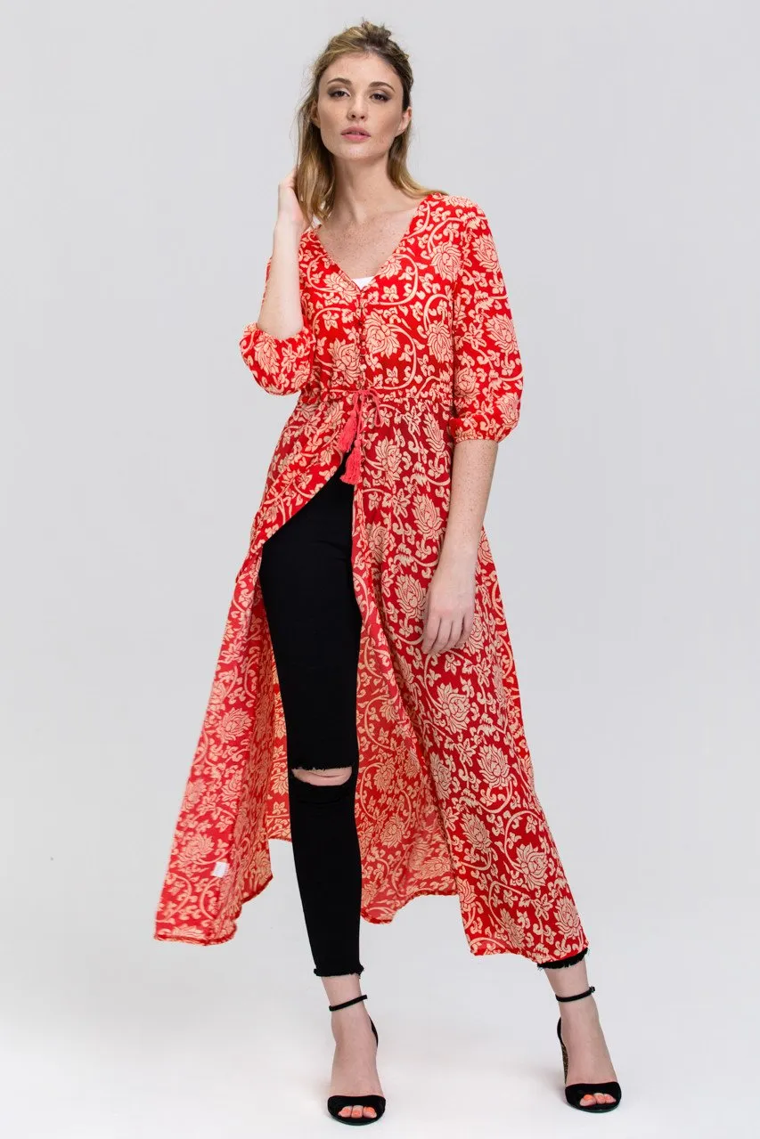 Red floral print Sheer Button down Sleeved Maxi Top