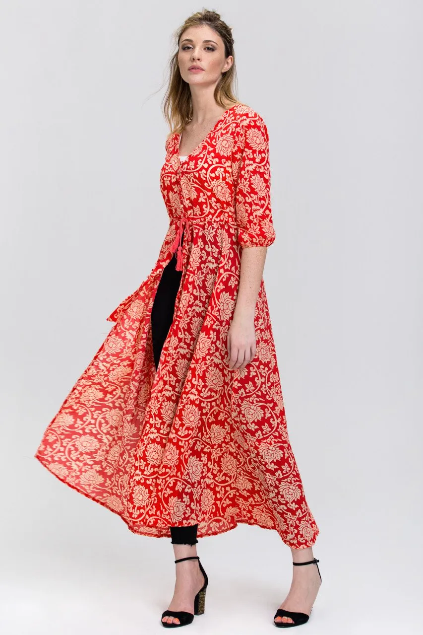 Red floral print Sheer Button down Sleeved Maxi Top