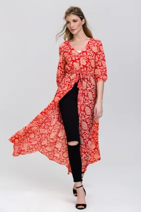 Red floral print Sheer Button down Sleeved Maxi Top