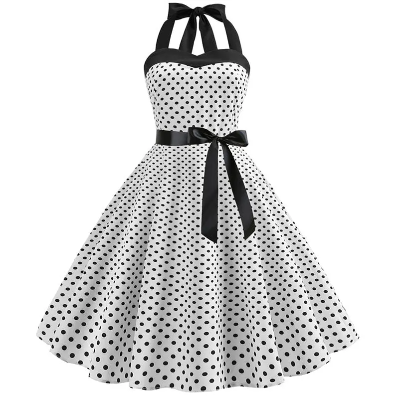 Retro White Polka Dot Dress Audrey Hepburn Vintage Halter Party Dress 50s 60s Pin Up Rockabilly Dress  Robe