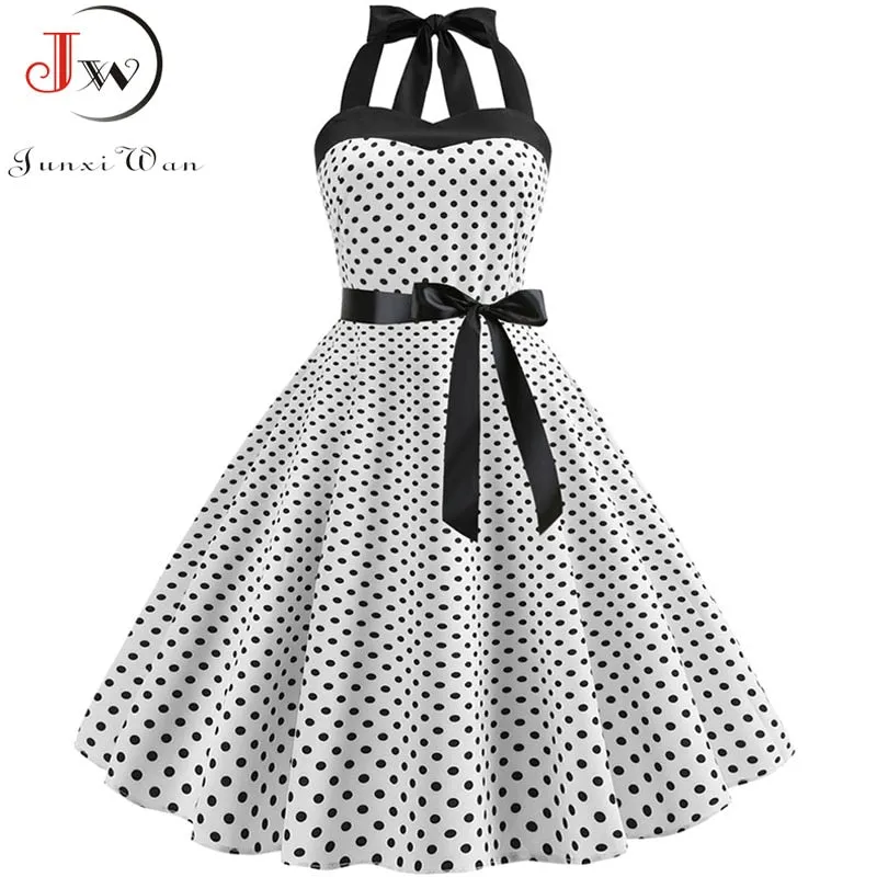 Retro White Polka Dot Dress Audrey Hepburn Vintage Halter Party Dress 50s 60s Pin Up Rockabilly Dress  Robe