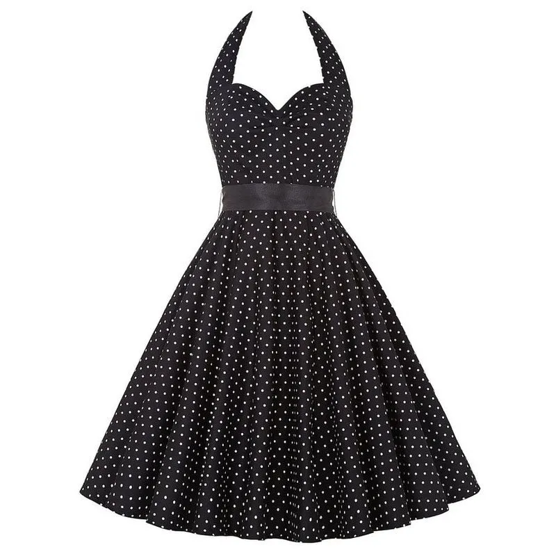 Retro White Polka Dot Dress Audrey Hepburn Vintage Halter Party Dress 50s 60s Pin Up Rockabilly Dress  Robe