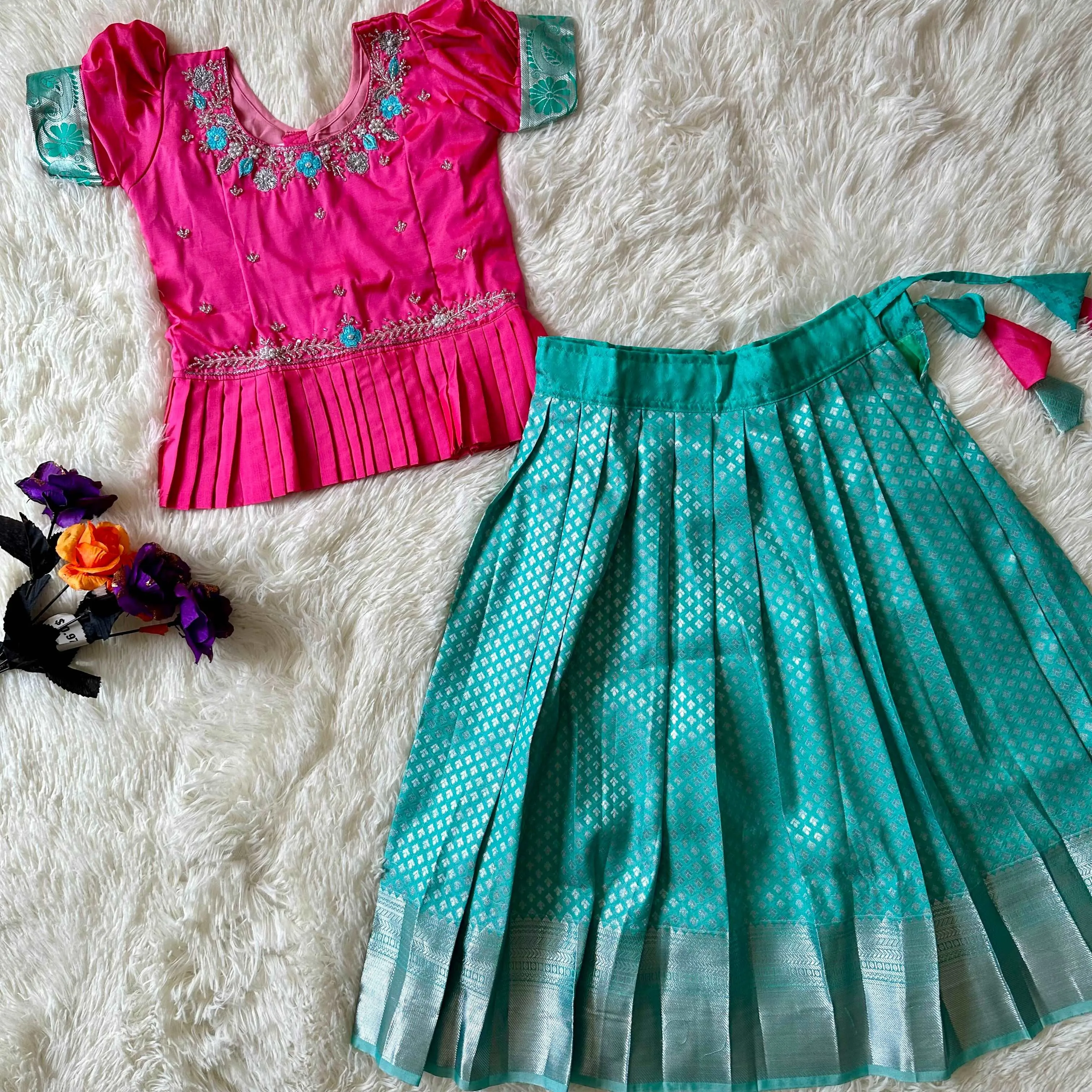 Sea Green Peplum Set: Skirt & Top with Aari Work Adornments