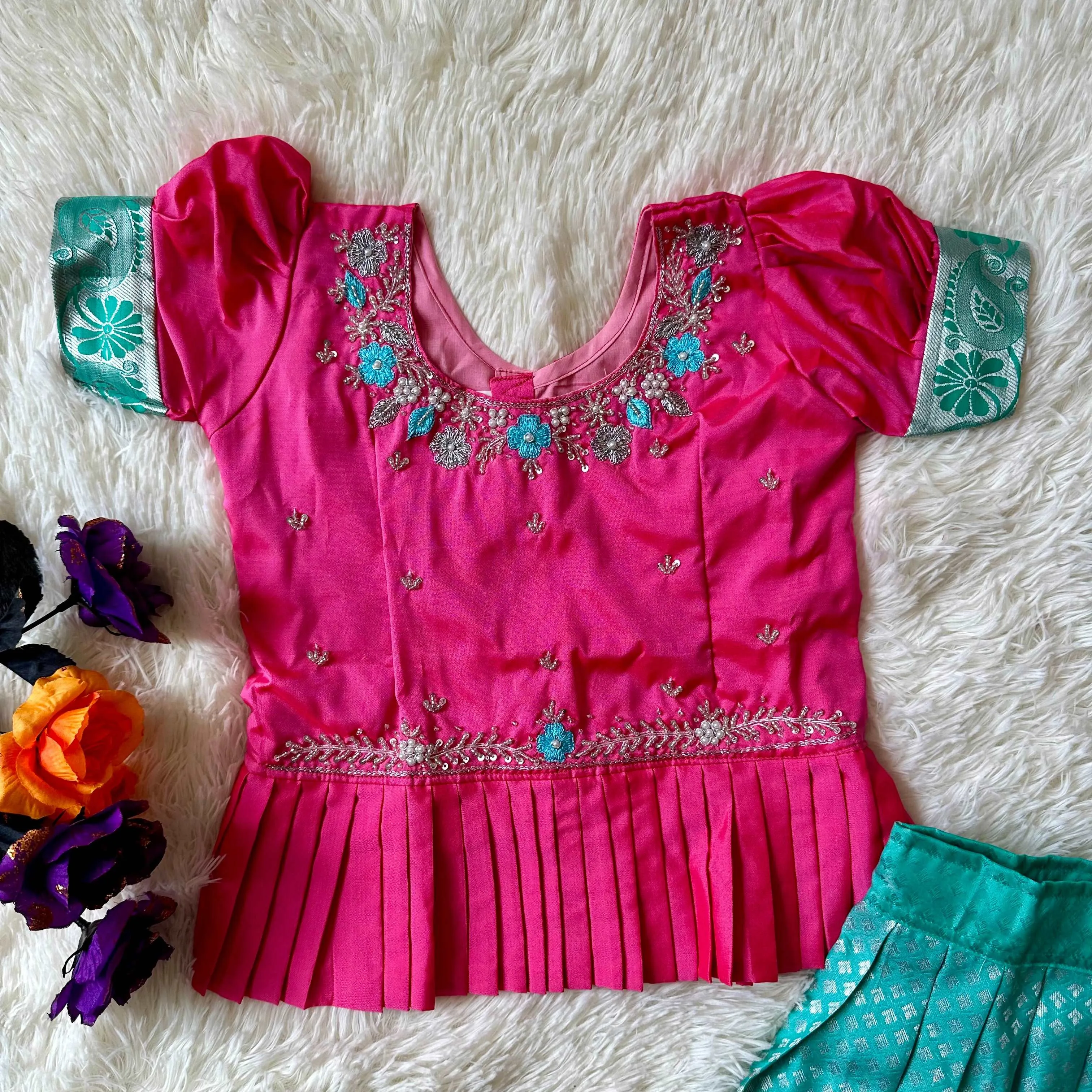 Sea Green Peplum Set: Skirt & Top with Aari Work Adornments