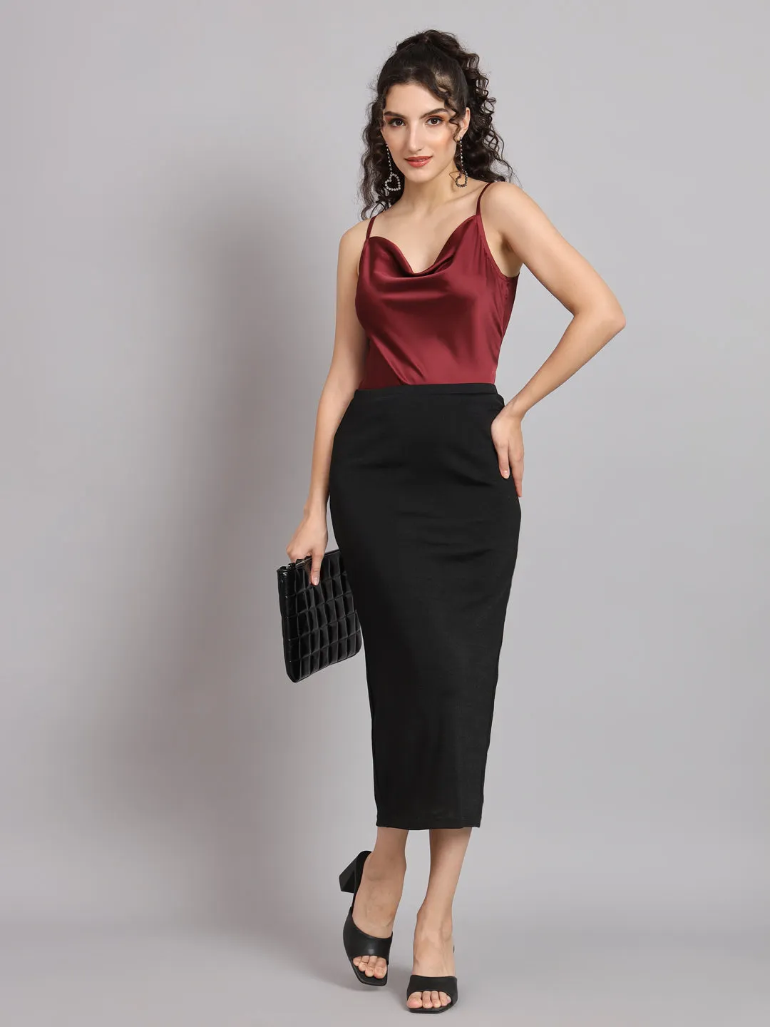 Sleeveless Satin Top with Stretch Pencil Skirt