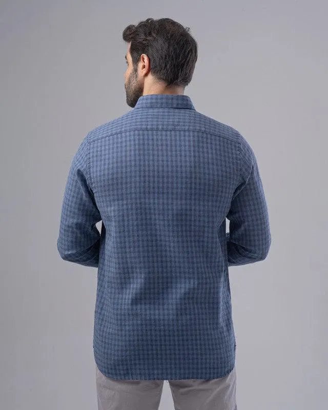 SLIM FIT CHECKERED SHIRT   - NAVY