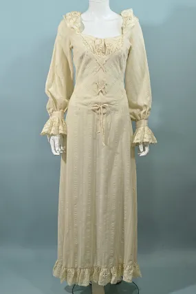 SOLD Joy Stevens, Cream Lace Peasant Dress, Lace Up Cottagecore Fairy Maxi L