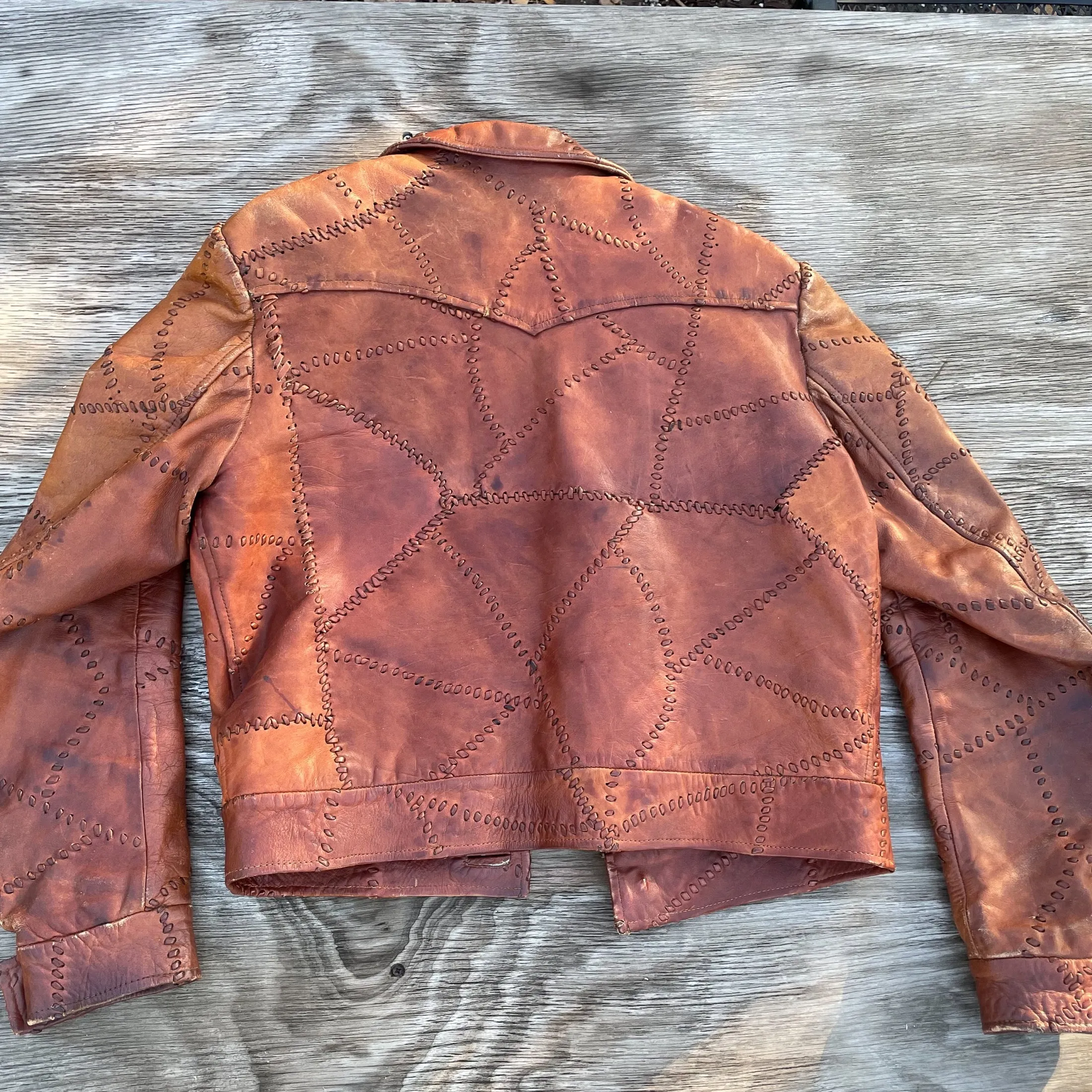 SOLD OOAK Vintage Patchwork Leather Jacket, Brown Leather Hippie Jacket Slim Fit