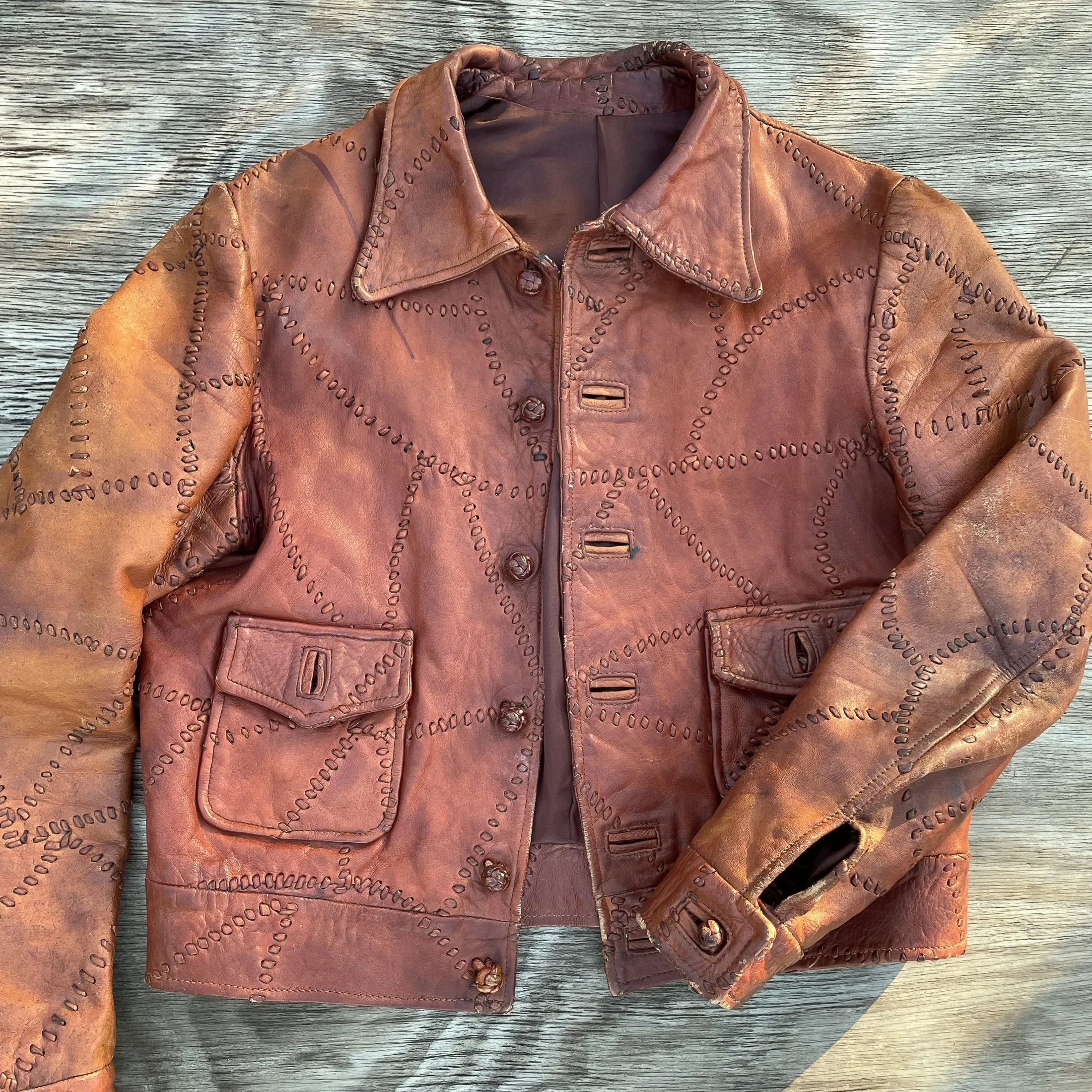 SOLD OOAK Vintage Patchwork Leather Jacket, Brown Leather Hippie Jacket Slim Fit