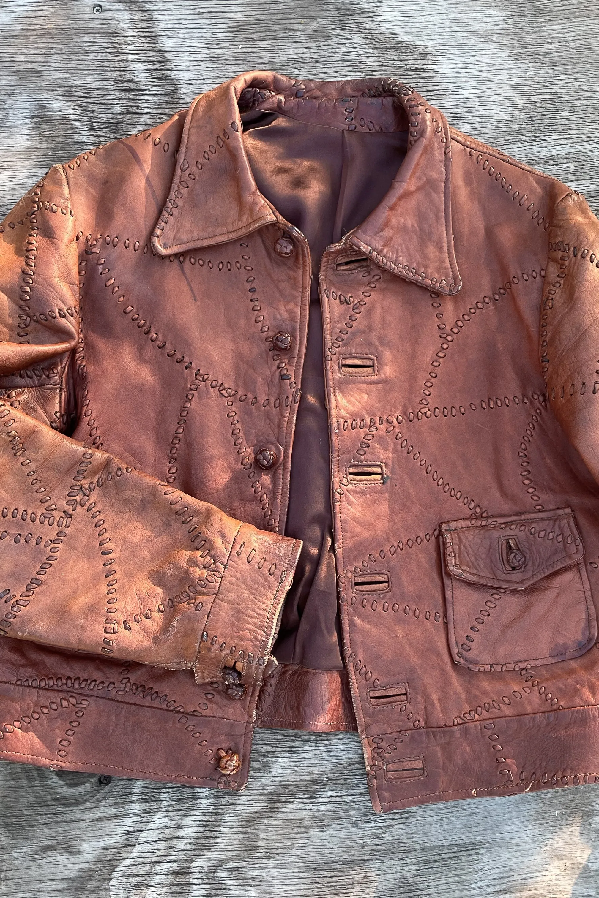 SOLD OOAK Vintage Patchwork Leather Jacket, Brown Leather Hippie Jacket Slim Fit