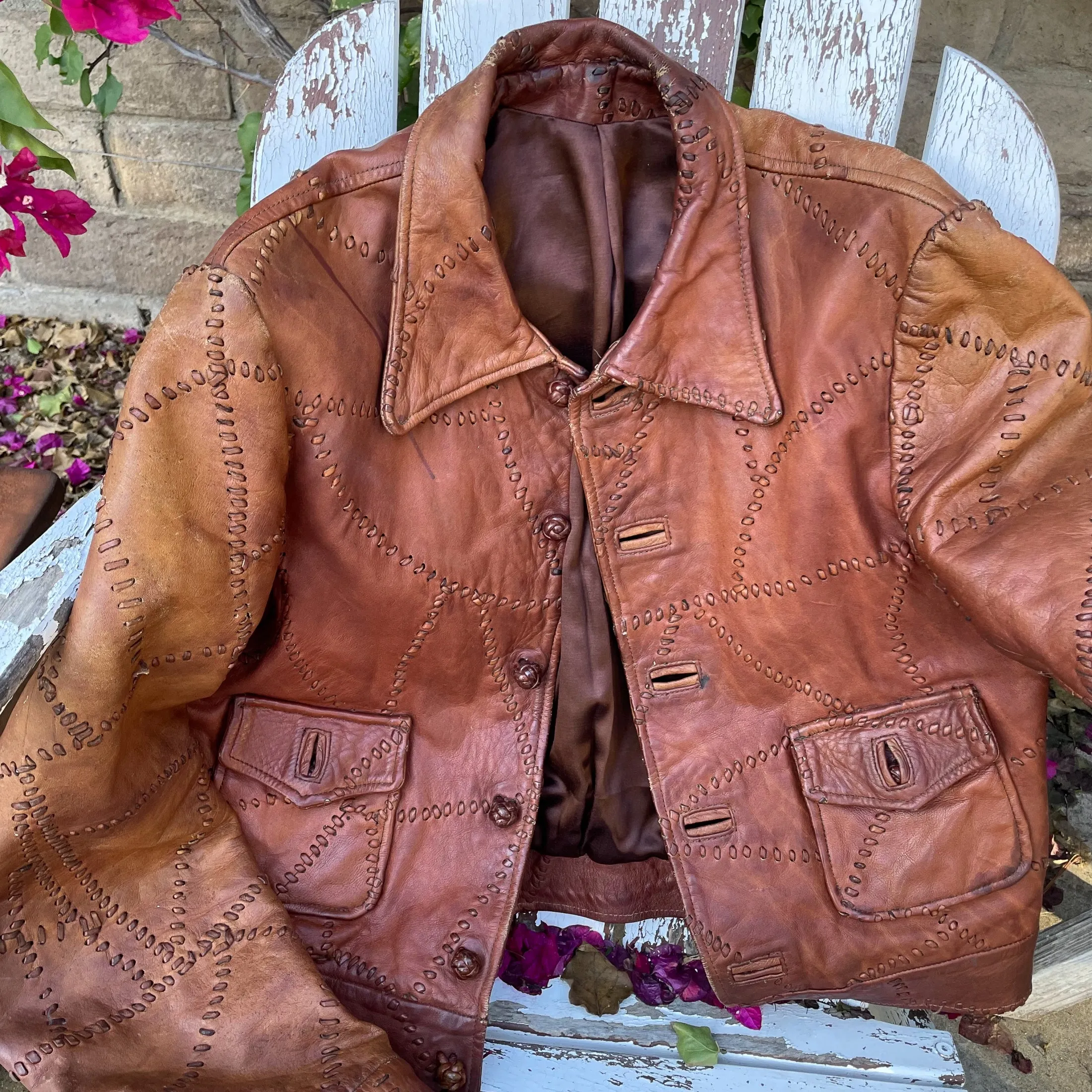 SOLD OOAK Vintage Patchwork Leather Jacket, Brown Leather Hippie Jacket Slim Fit