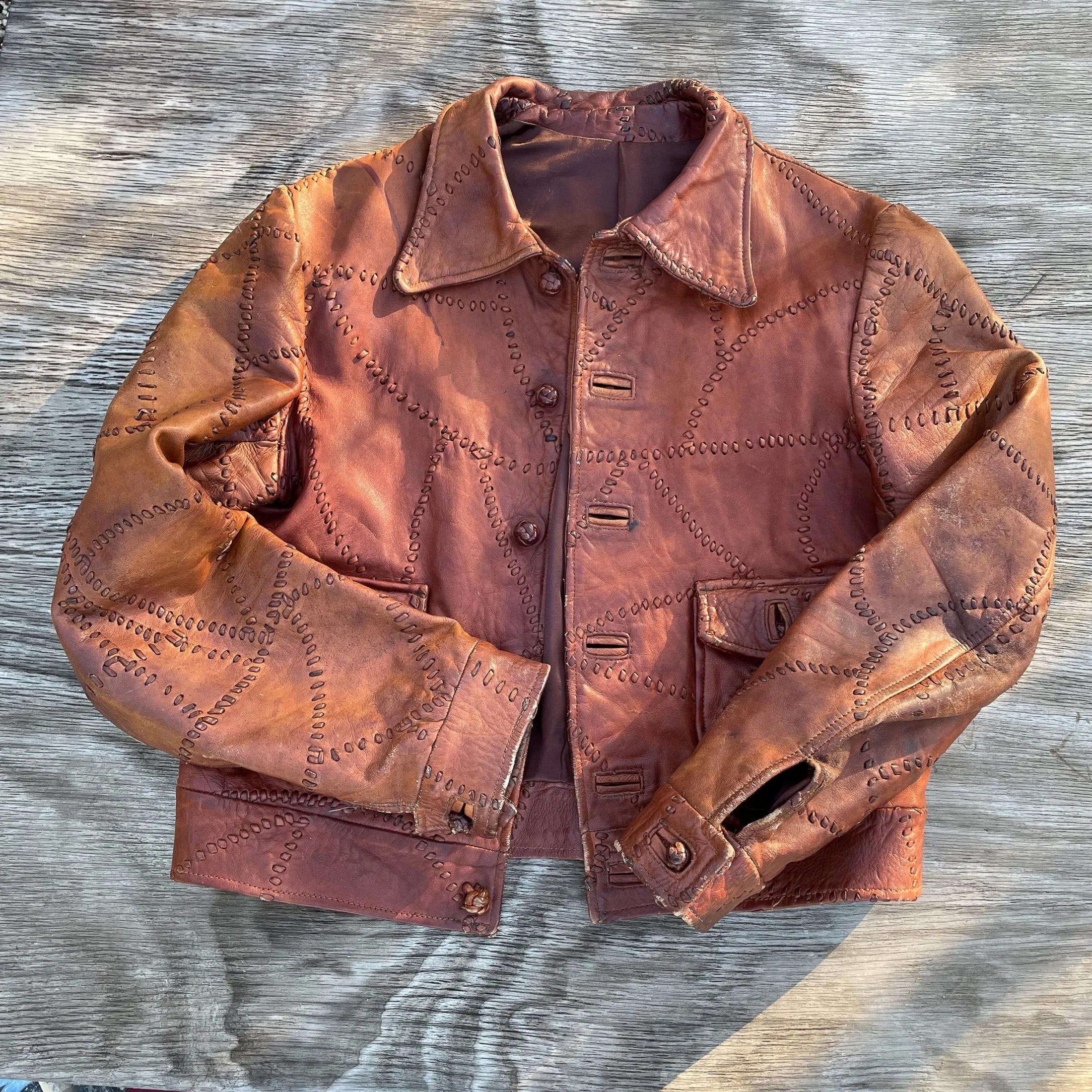 SOLD OOAK Vintage Patchwork Leather Jacket, Brown Leather Hippie Jacket Slim Fit