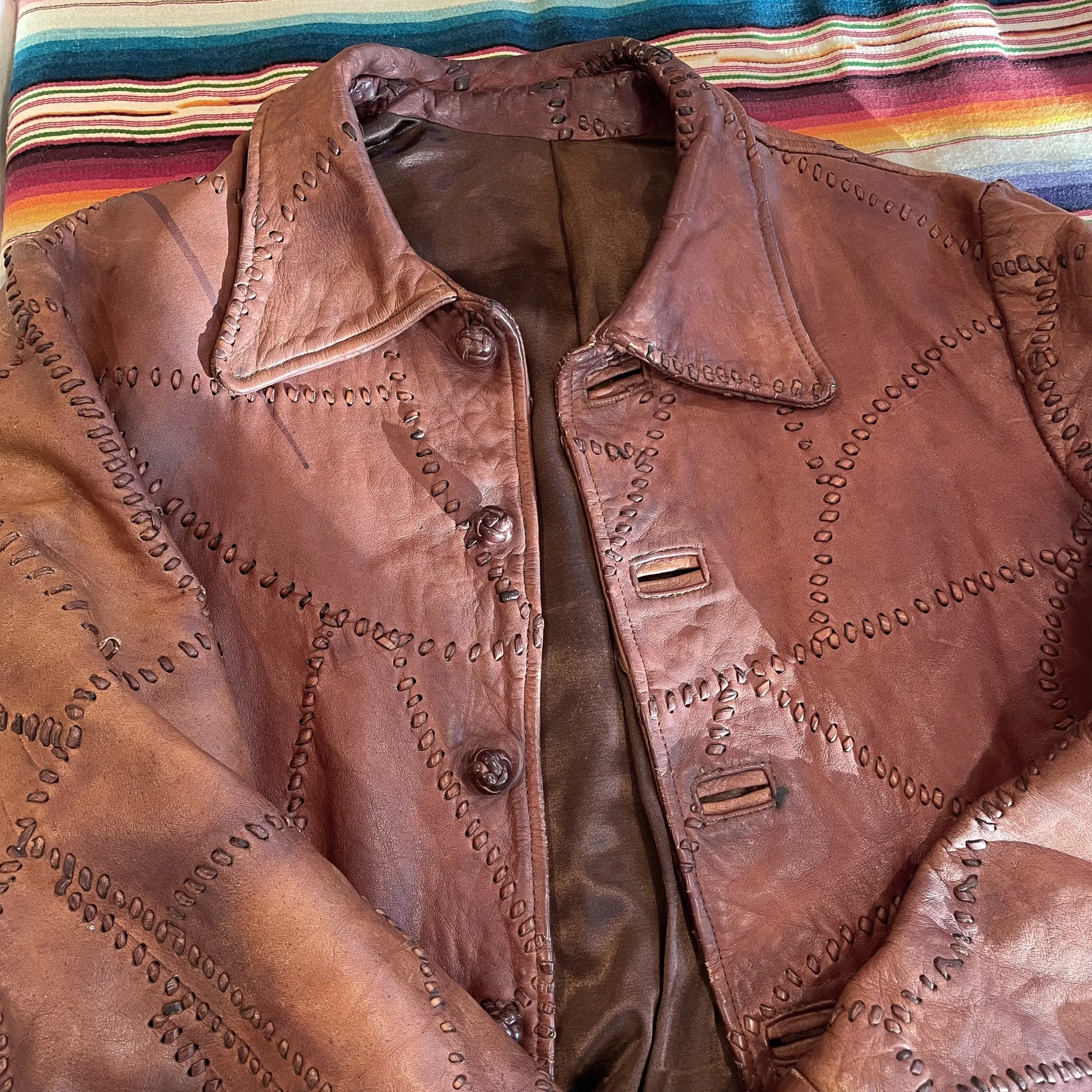 SOLD OOAK Vintage Patchwork Leather Jacket, Brown Leather Hippie Jacket Slim Fit