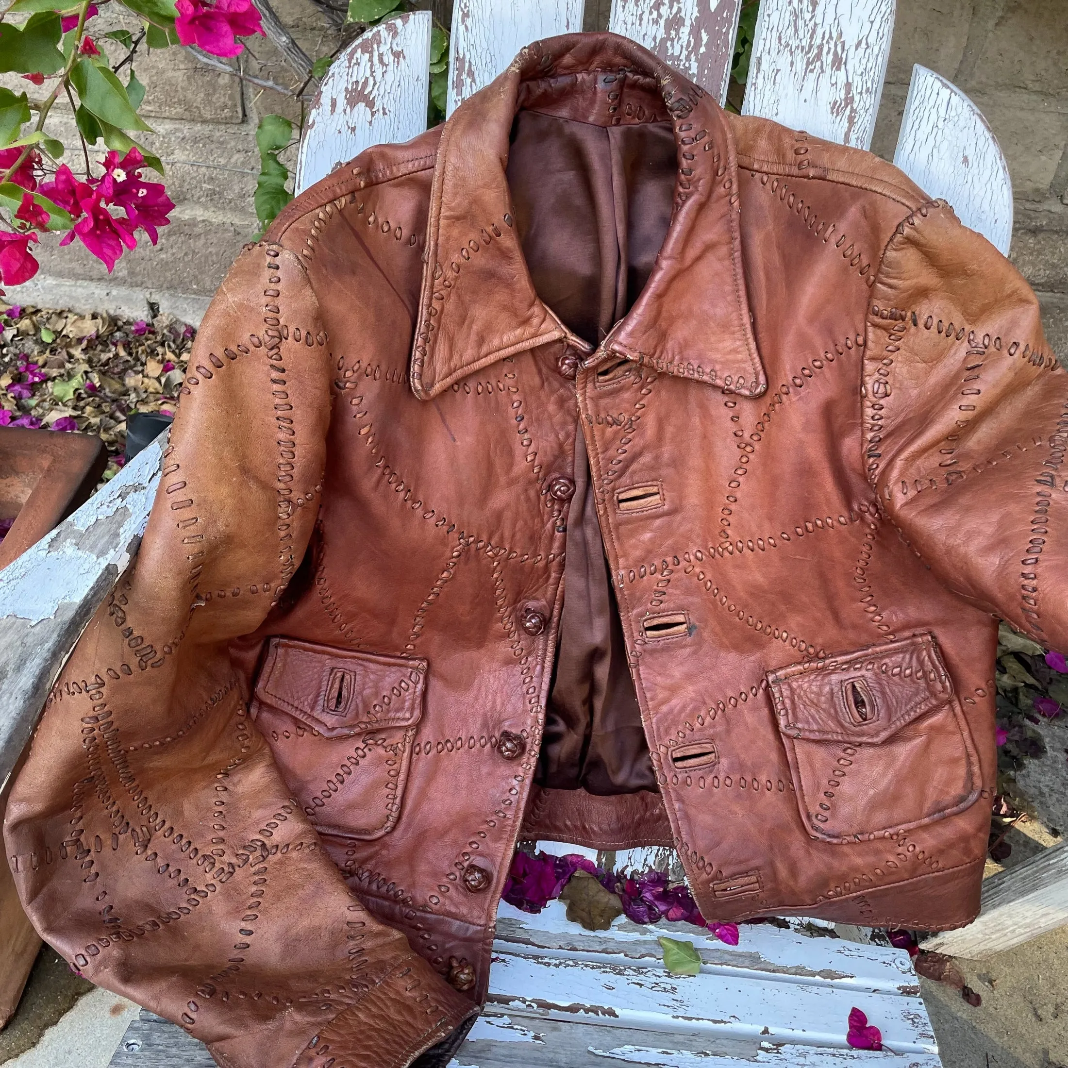 SOLD OOAK Vintage Patchwork Leather Jacket, Brown Leather Hippie Jacket Slim Fit