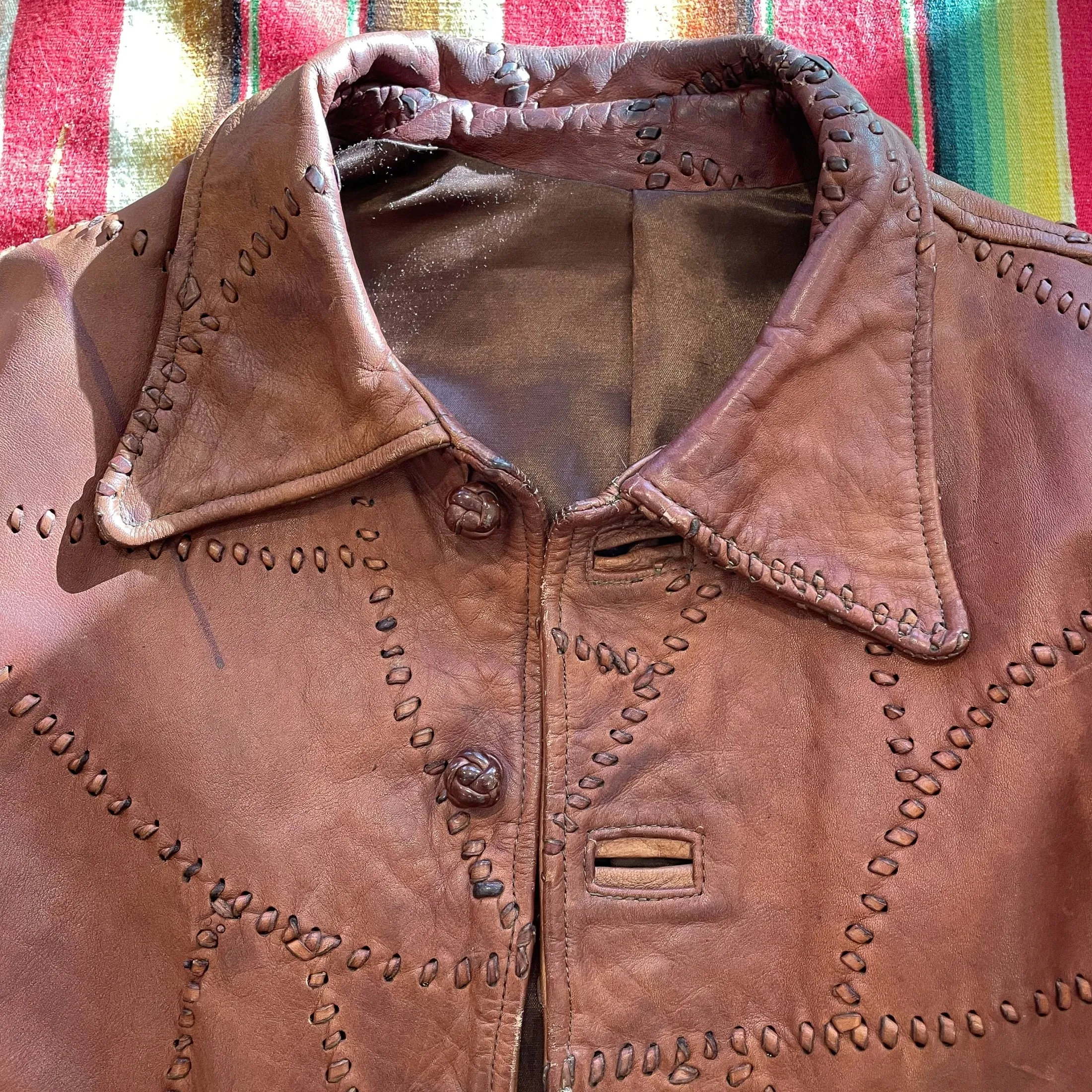 SOLD OOAK Vintage Patchwork Leather Jacket, Brown Leather Hippie Jacket Slim Fit