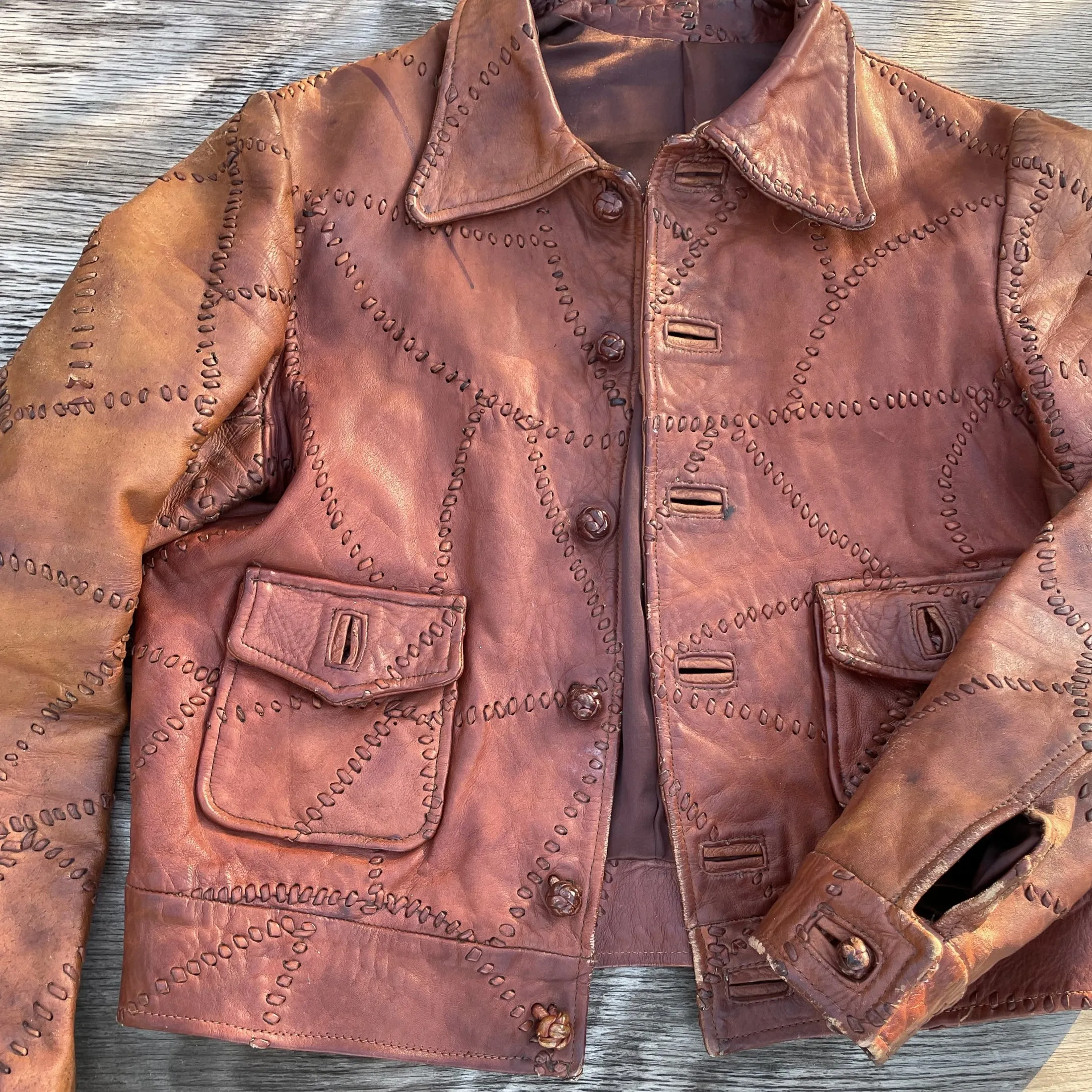 SOLD OOAK Vintage Patchwork Leather Jacket, Brown Leather Hippie Jacket Slim Fit