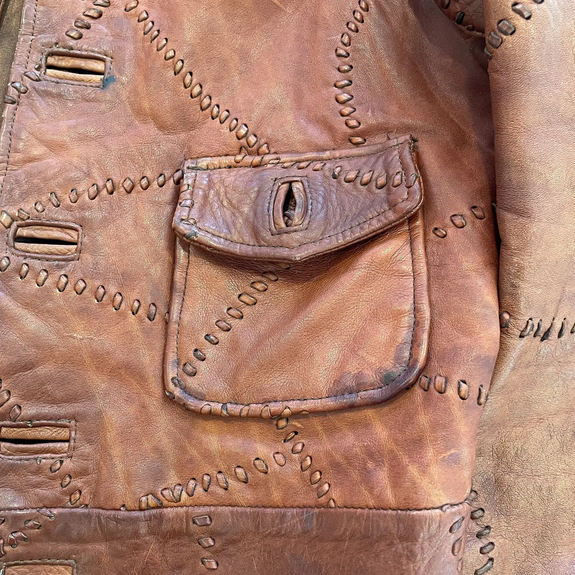 SOLD OOAK Vintage Patchwork Leather Jacket, Brown Leather Hippie Jacket Slim Fit