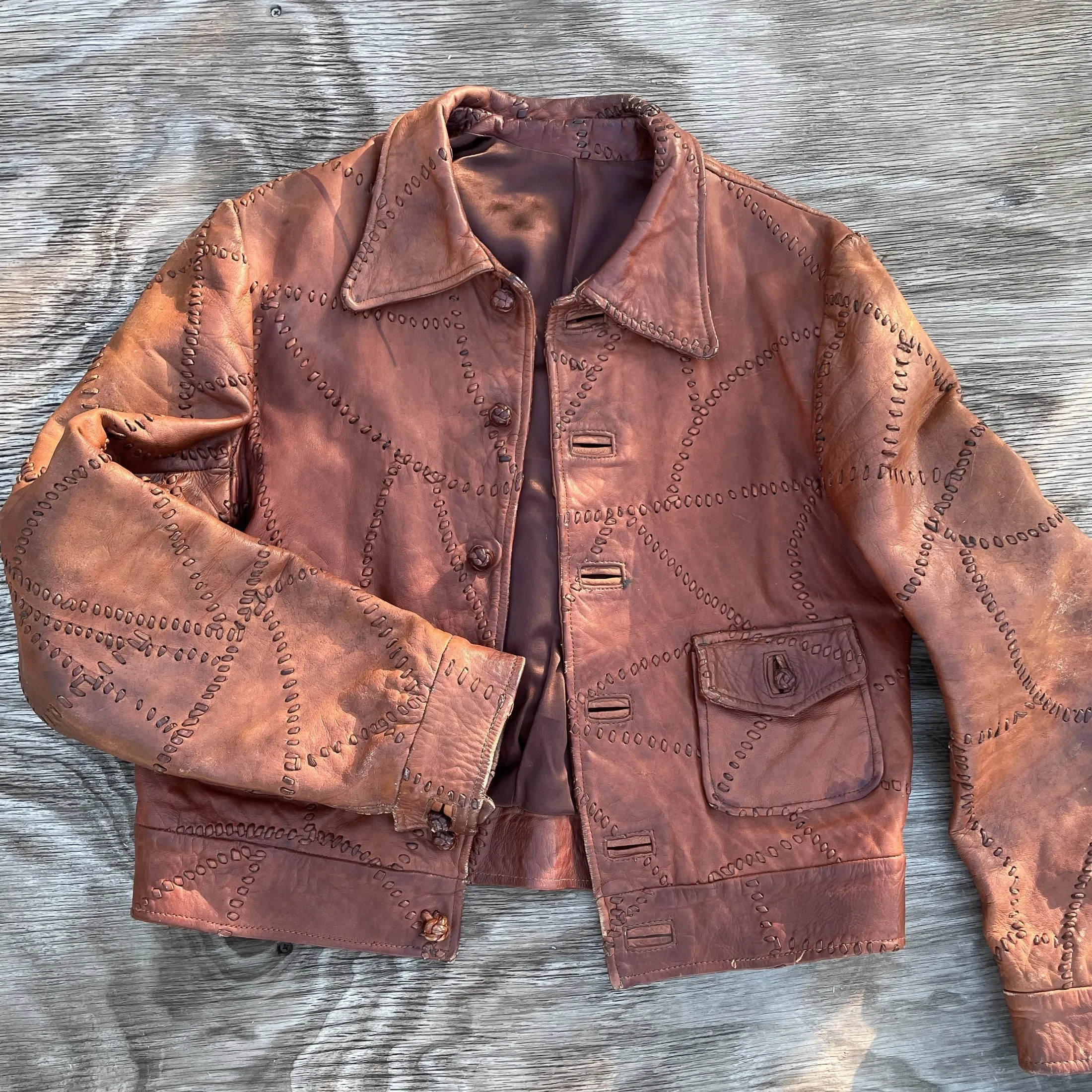 SOLD OOAK Vintage Patchwork Leather Jacket, Brown Leather Hippie Jacket Slim Fit