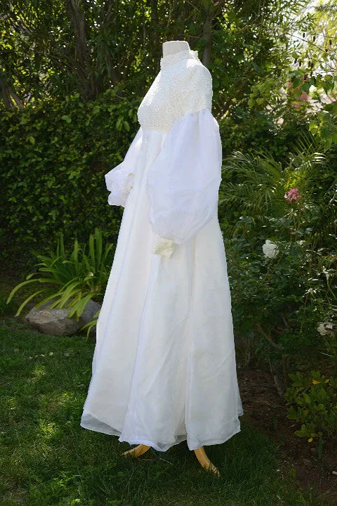 SOLD Vintage 60s White Lace Wedding Gown, Juliette Sleeve Long Detachable Train,Empire Waist XS/S